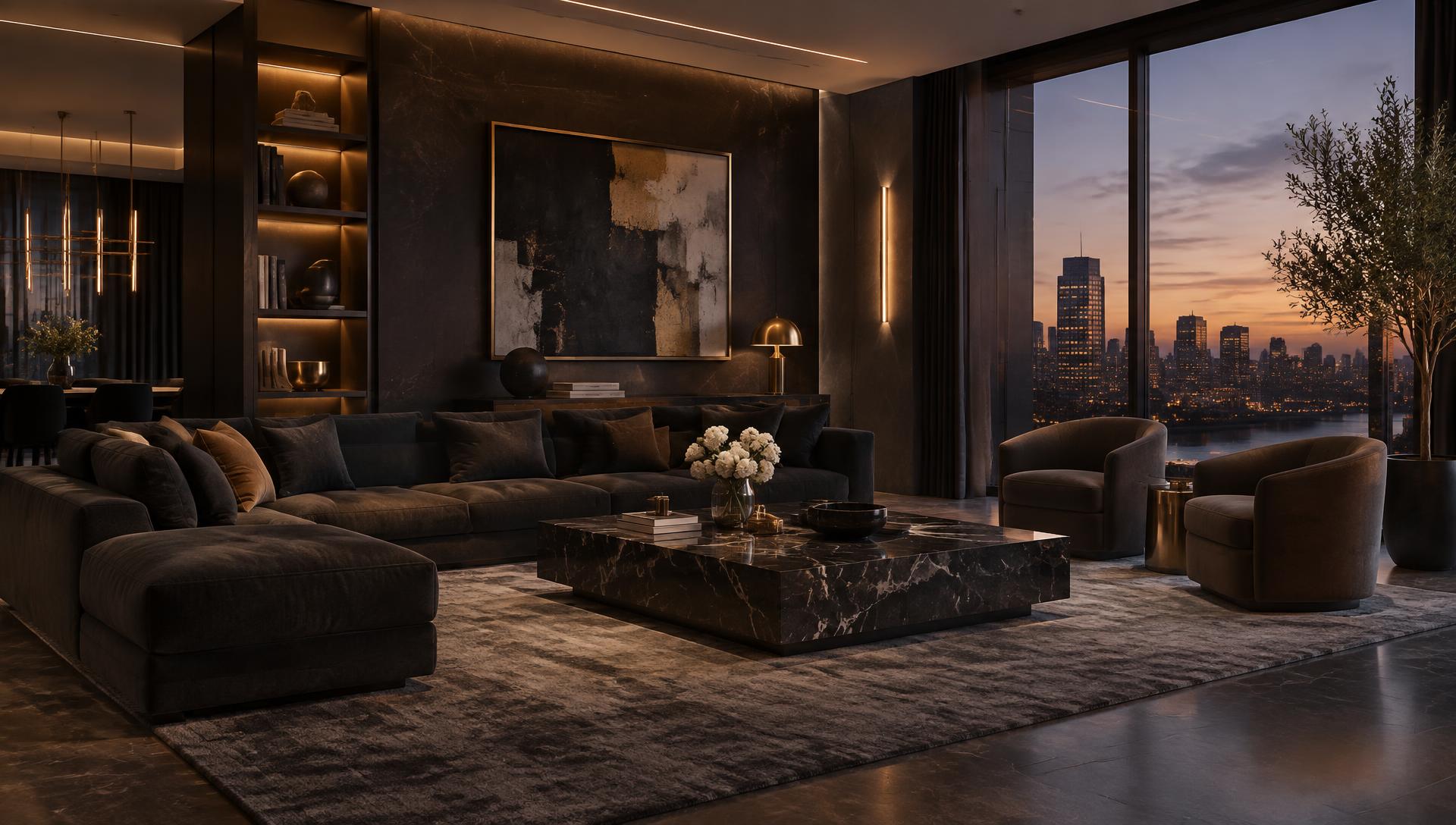 Warmly lit modern living room with brass accents and city view at dusk